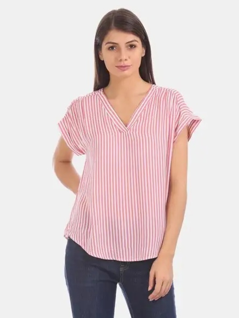 GAP Women's Pink Striped V-Neck Top